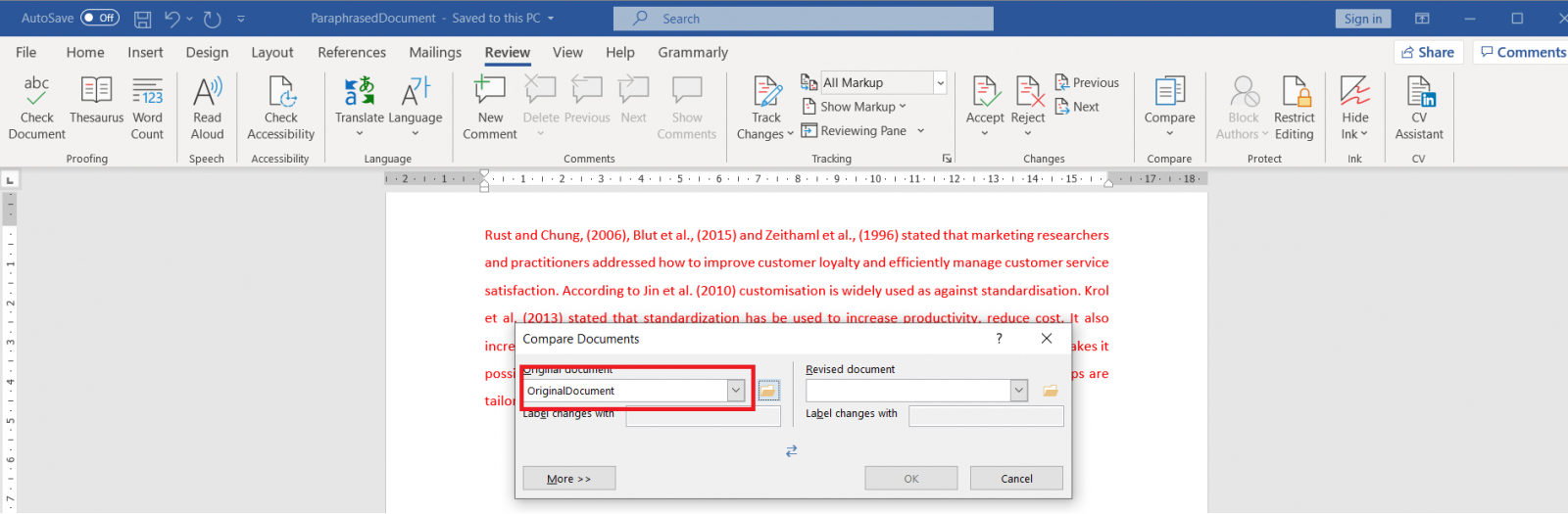 Microsoft Word Review Tab Select Original Document To Compare